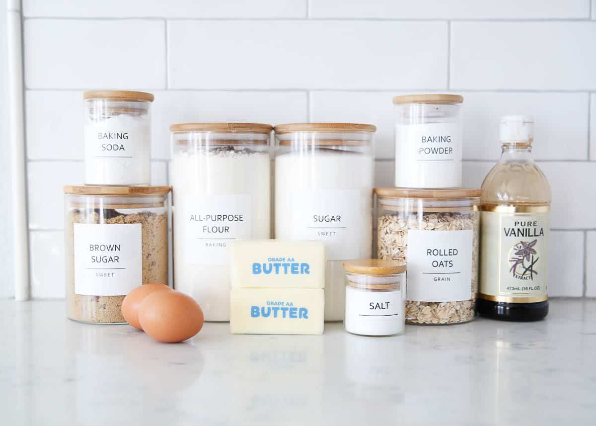 Oatmeal cookie ingredients on counter.