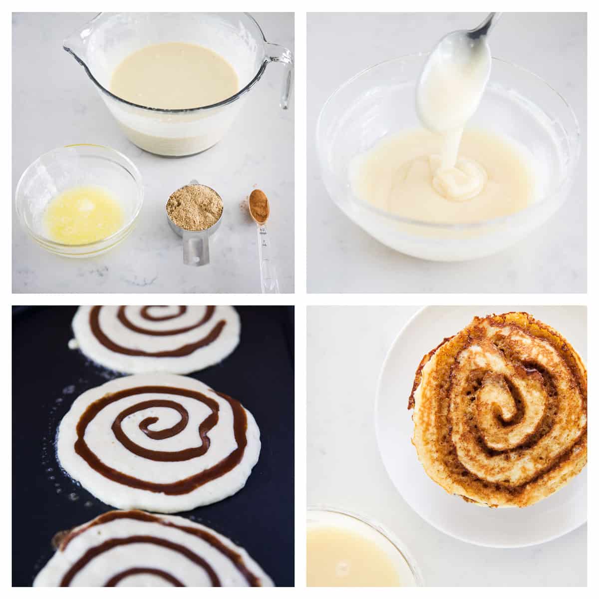 Cinnamon roll pancakes ingredients collage.