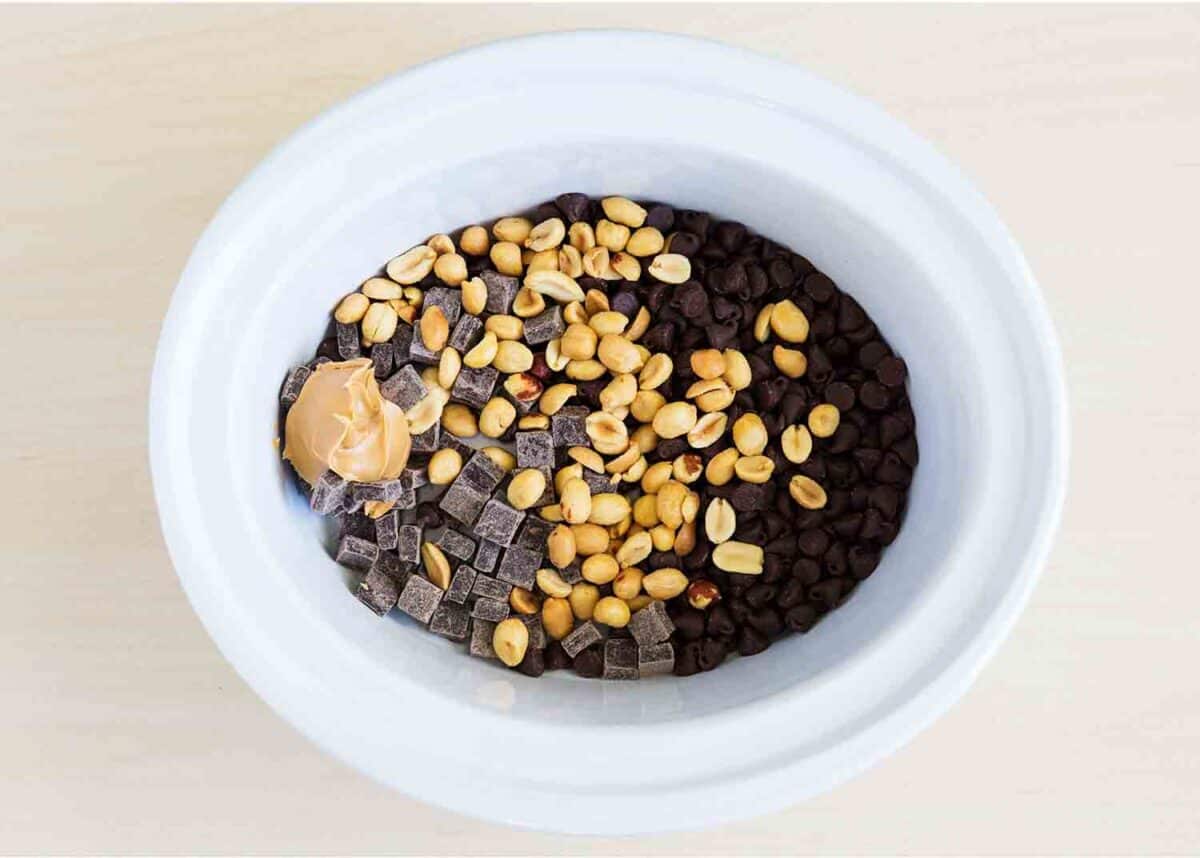 chocolate and peanuts in crockpot