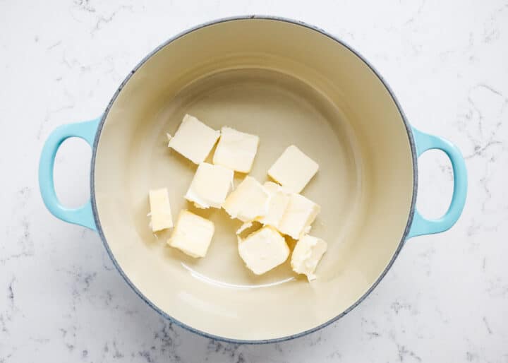 cubed butter in pan 
