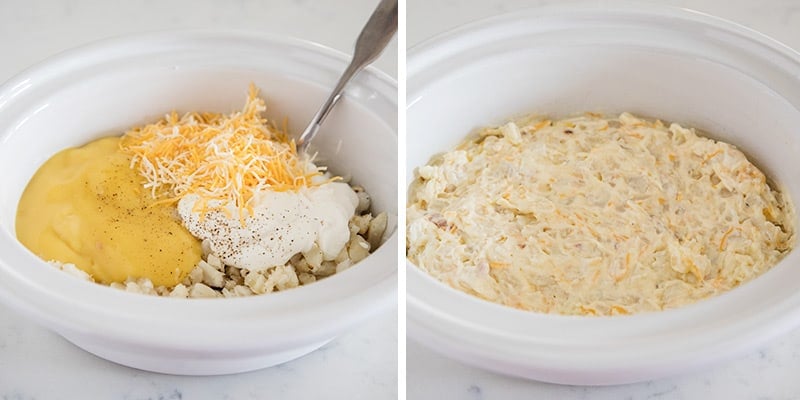 Making cheesy potatoes in crockpot.