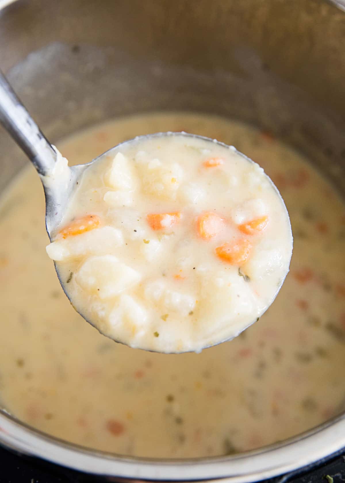 Ladle full of potato soup.