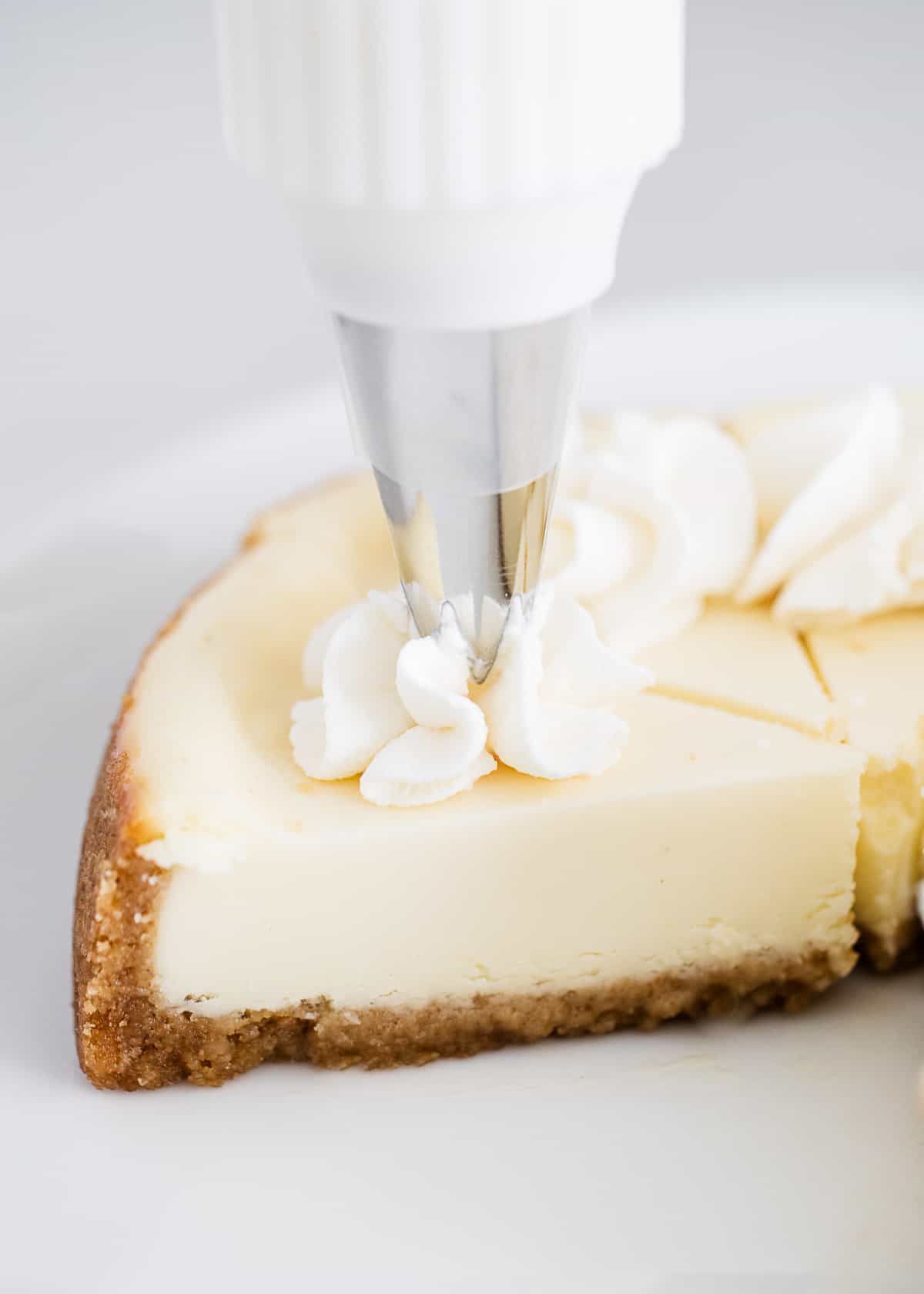 Piping whipped cream on cheesecake.