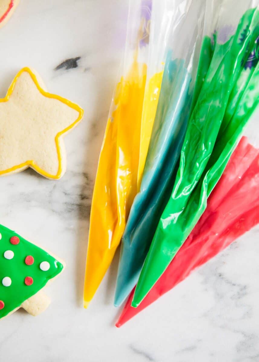 Sugar cookie icing in frosting bags.