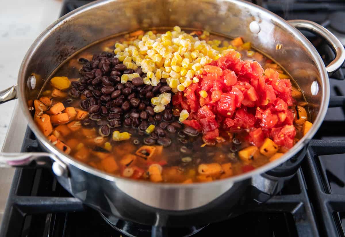 Sweet potato bowl ingredients in pot.