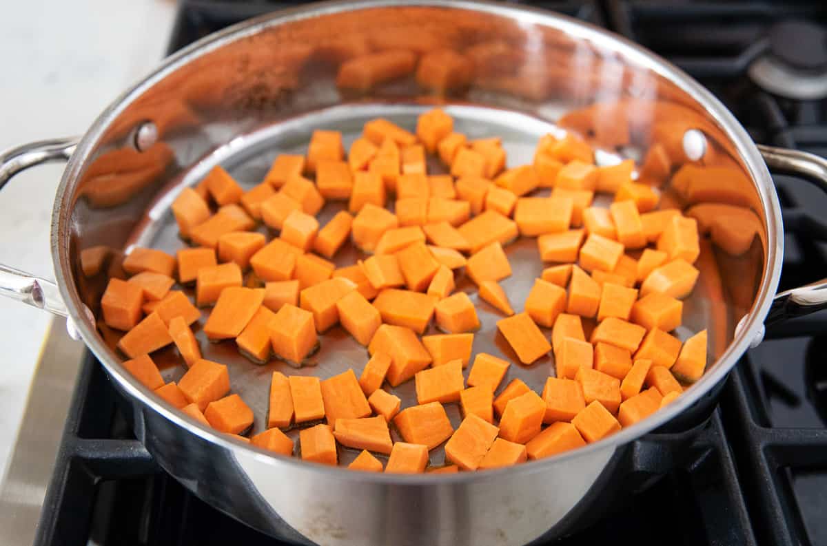 Diced sweet potatoes in pot.