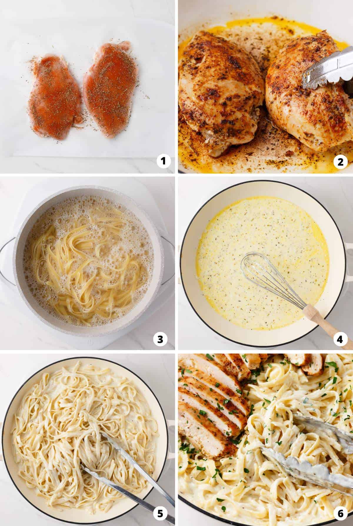 Showing how to make chicken alfredo in a 6 step collage. 