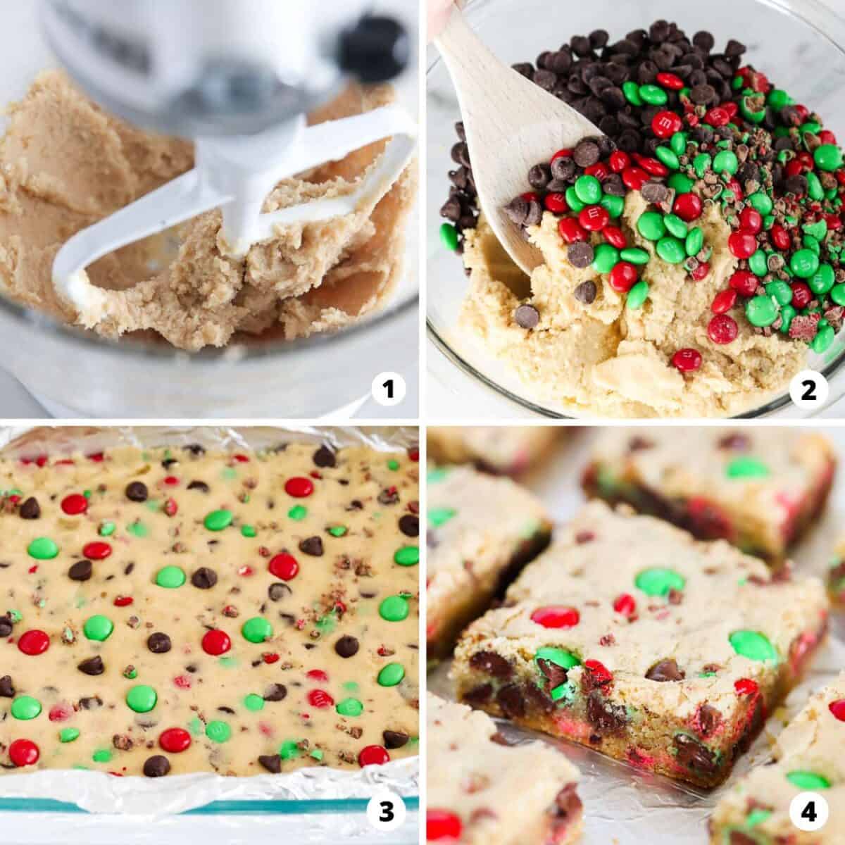 Showing how to make m&m cookie bars in a 4 step collage.