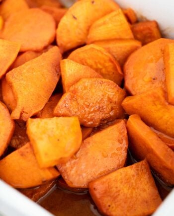 close up of candied yams in pan