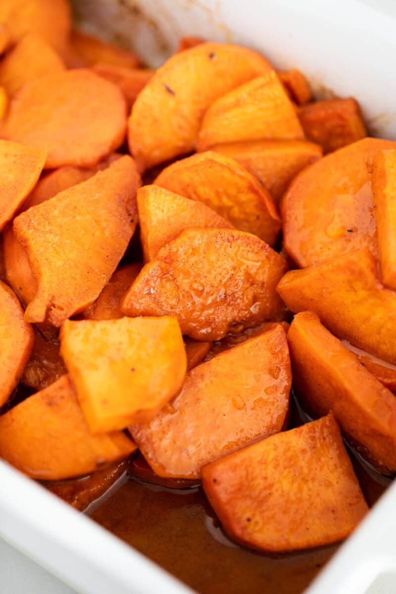 close up of candied yams in pan