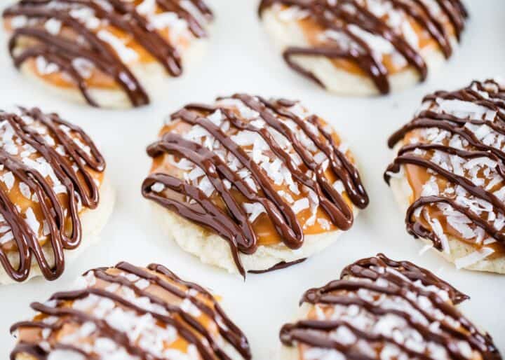 coconut caramel cookies drizzled with chocolate
