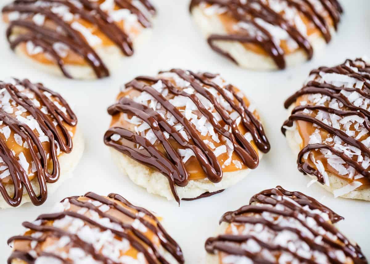 Coconut caramel cookies drizzled with chocolate.