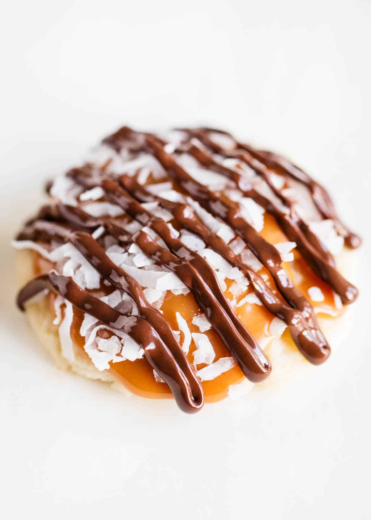 Coconut caramel cookie on counter.