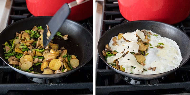 Making an egg white omelette in pan.