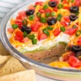 5 layer dip in dish with chips