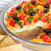 5 layer dip in dish with chips