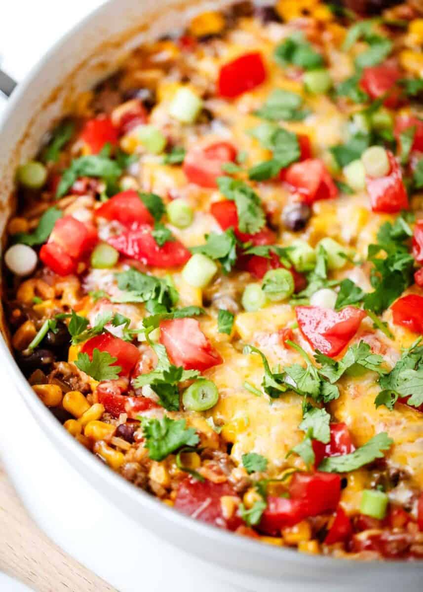 Burrito bowl recipe cooked in a white pot. 