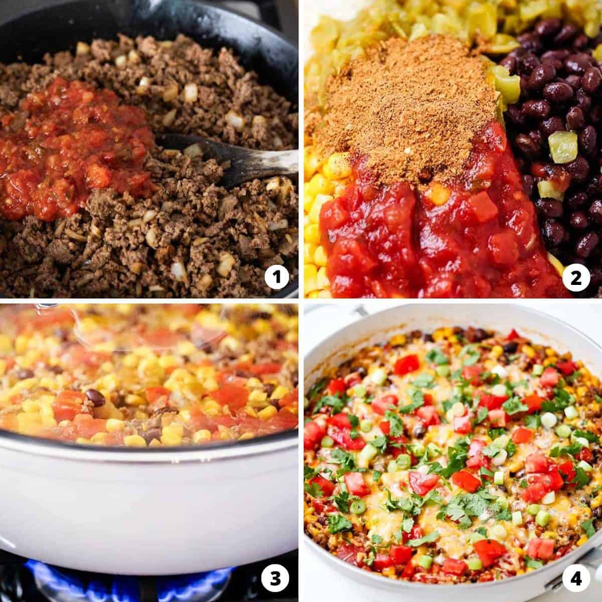 Showing how to make burrito bowls in a 4 step collage. 