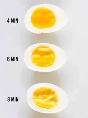 Perfect hard boiled eggs with times listed for hard boiled preference.