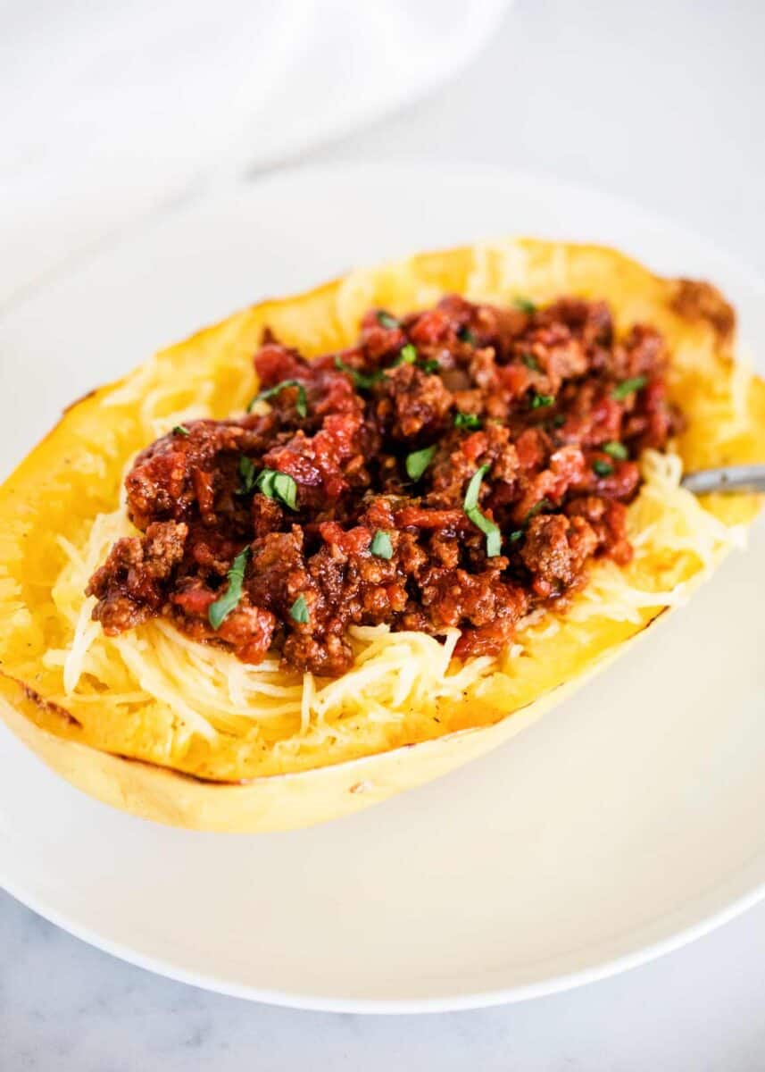spaghetti squash with meat sauce on plate 