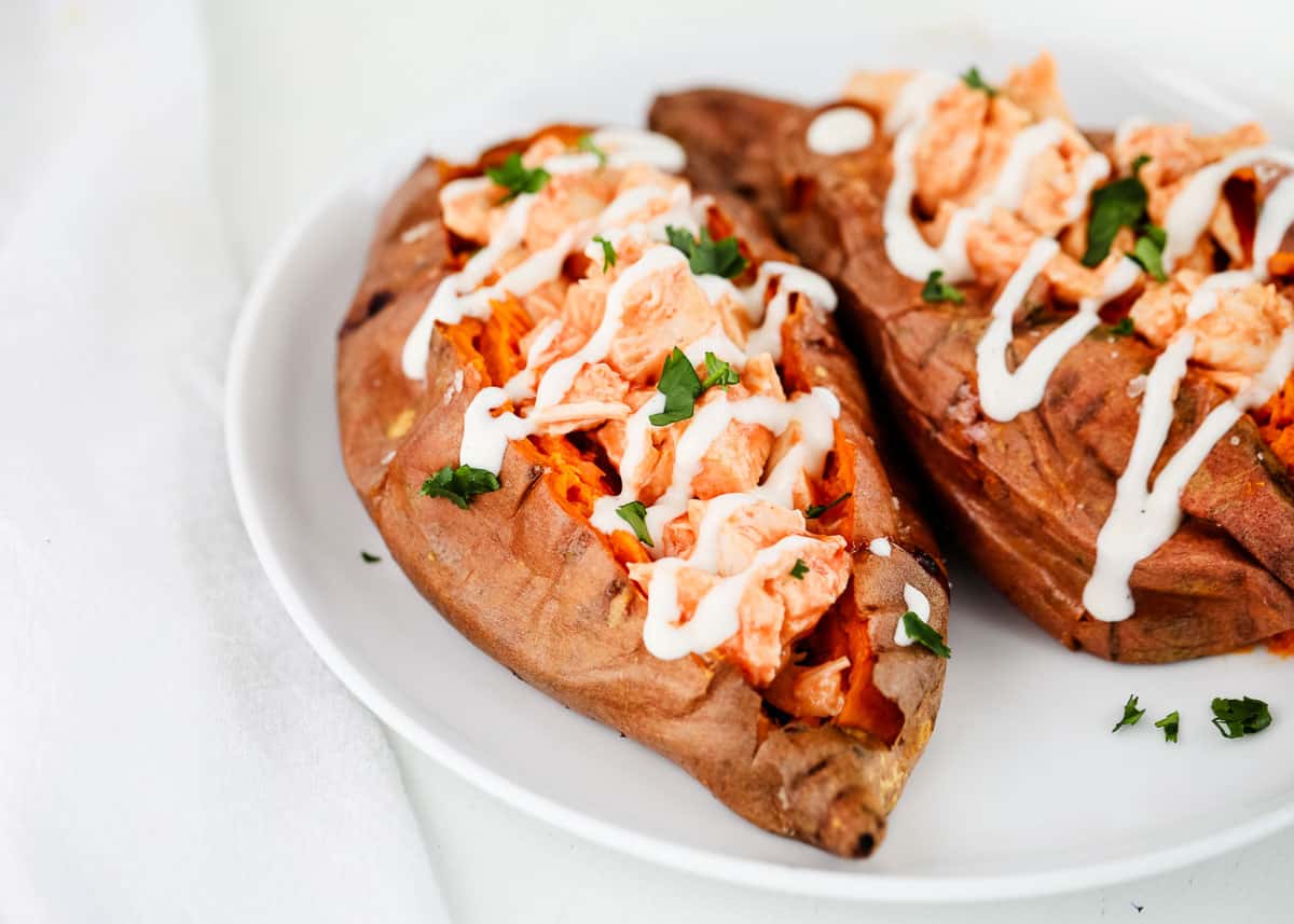 Sweet potato with buffalo chicken inside.