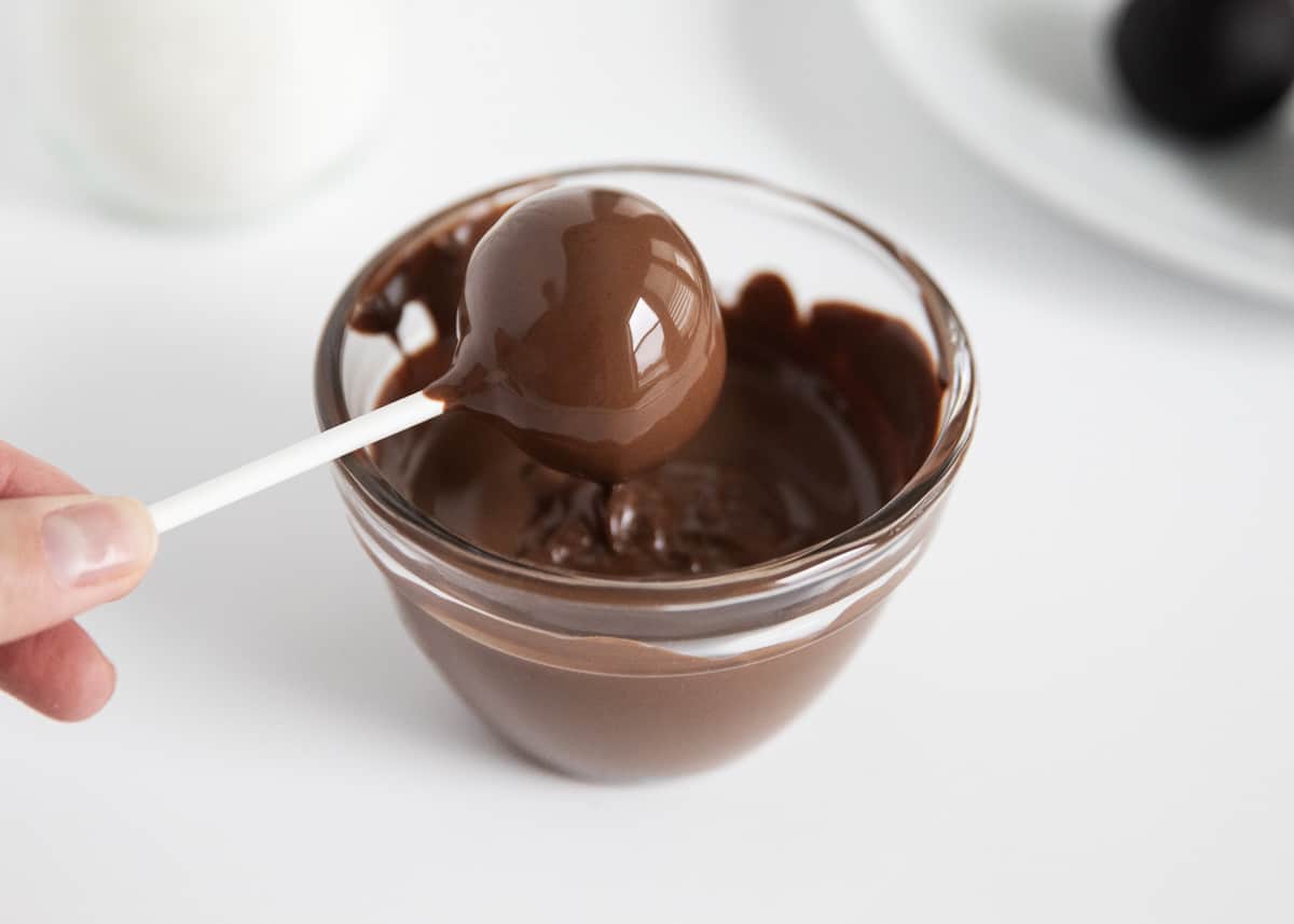 Chocolate cake pop dipped in chocolate.