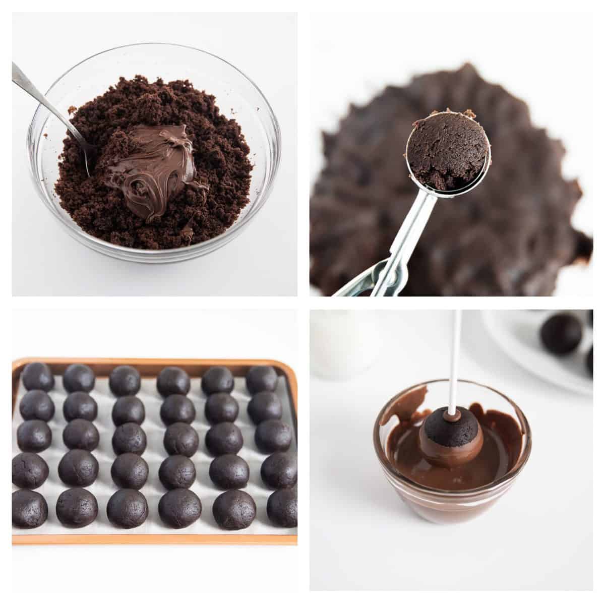 Chocolate cake pop ingredients collage.