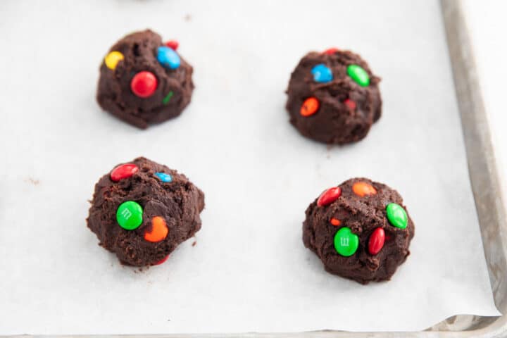chocolate m&m cookie dough on pan