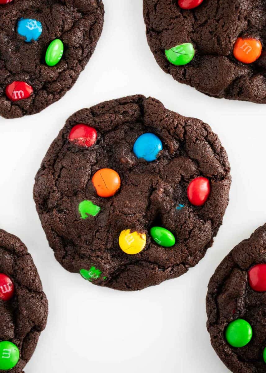 chocolate m&m cookies on table