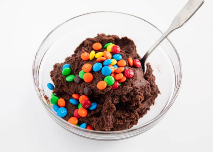 chocolate m&m cookie dough in bowl