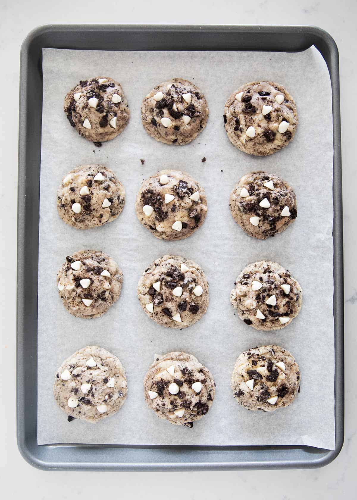 Cookies and cream cookies on pan.