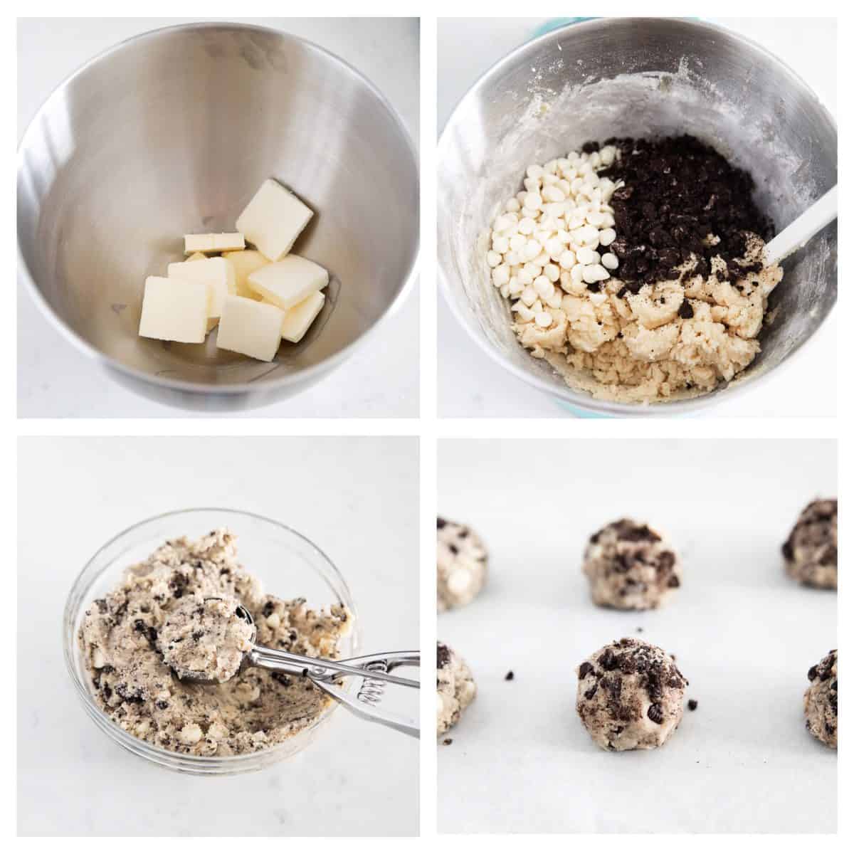Cookies and cream cookies ingredients collage.