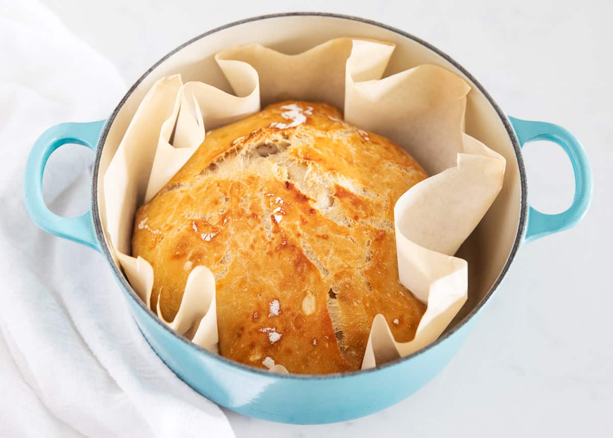 Dutch oven bread in pan close up.