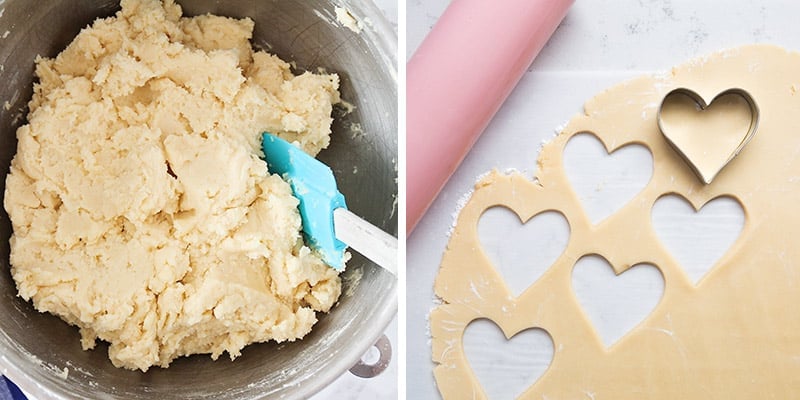 Pressing cookie dough with hearts.
