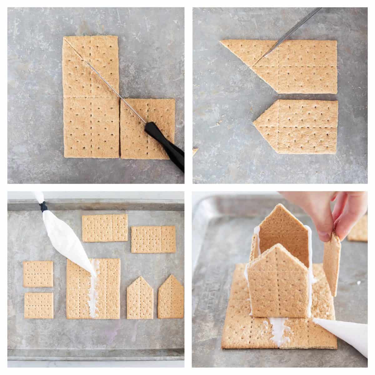 Showing how to make a Halloween gingerbread house with graham crackers.