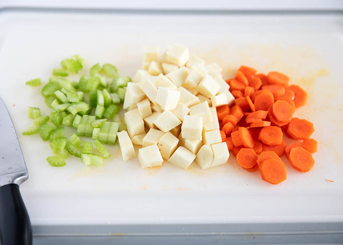 Chopped veggies on cutting board.