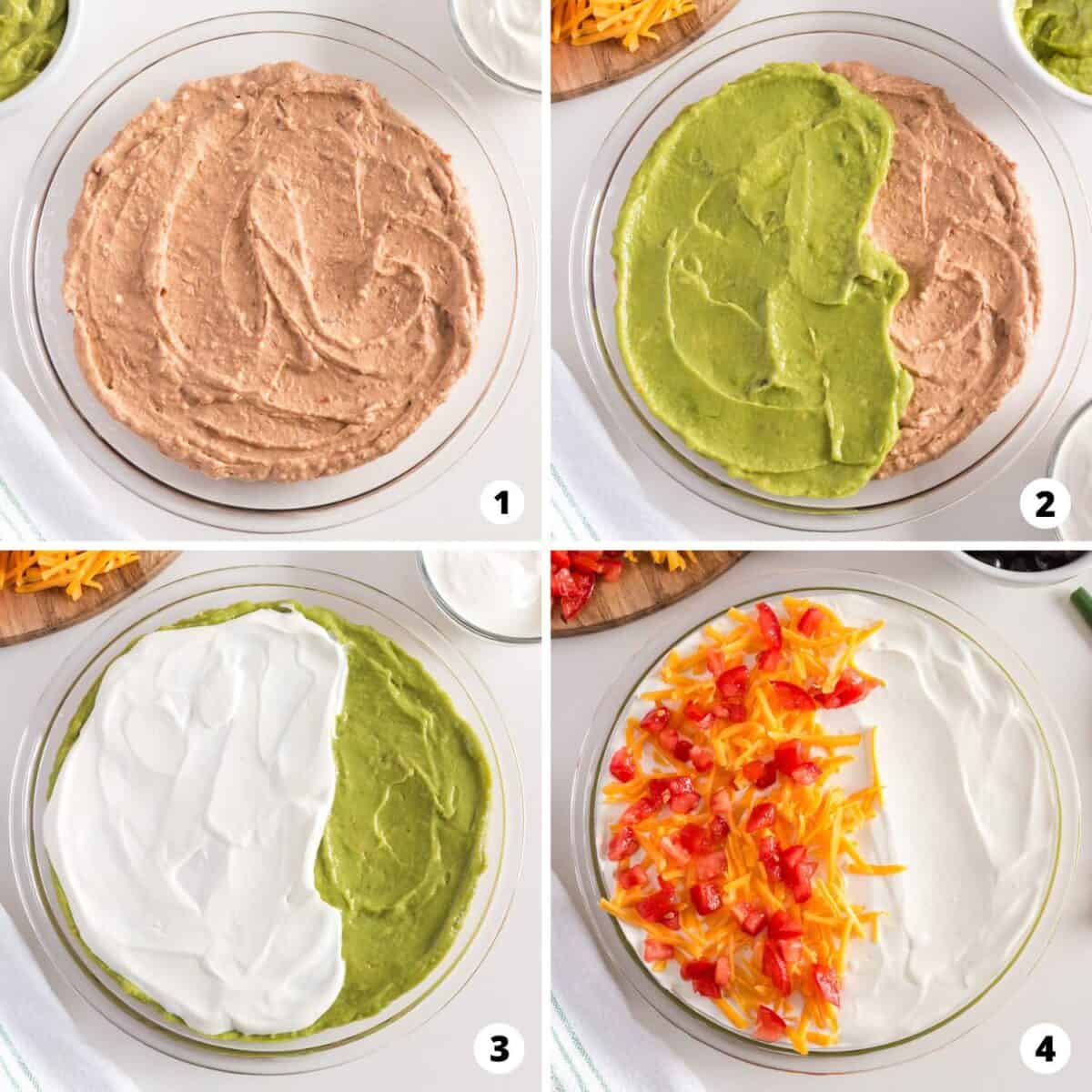 Showing how to make 5 layer dip in a 4 step collage. 