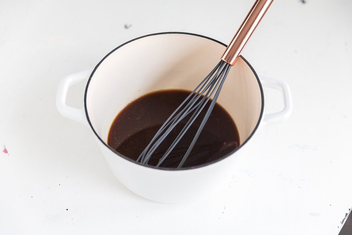 Homemade teriyaki sauce in saucepan.