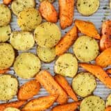 roasted potatoes and carrots on pan