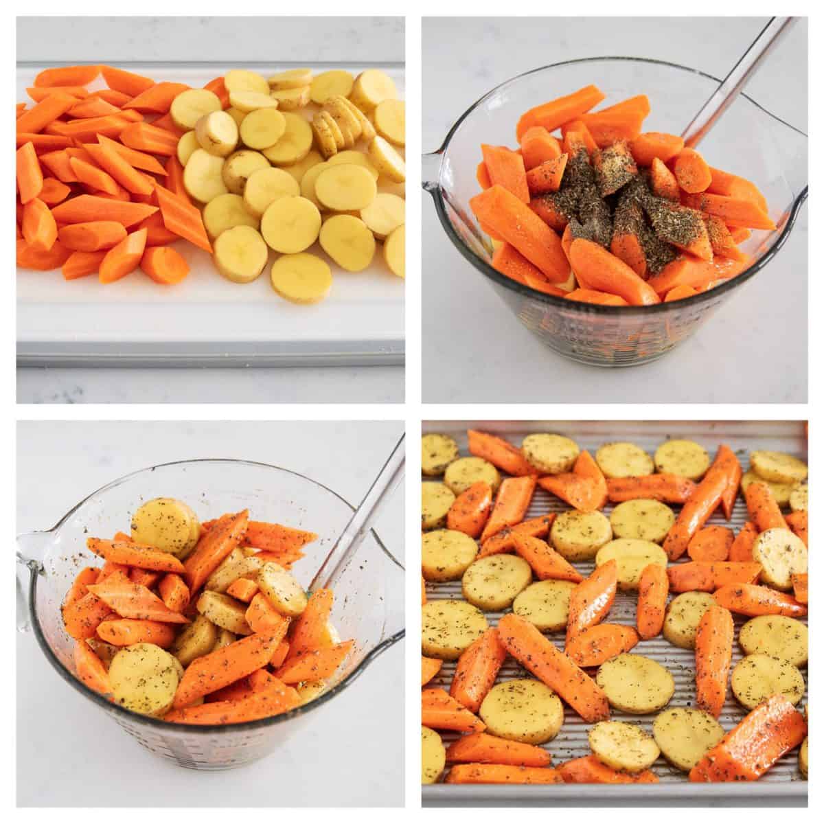 These oven roasted potatoes and carrots are crispy, tender and loaded with flavor in every bite. An easy side dish made in just one pan with only 5 minutes of prep! Roasted potatoes and carrots collage.