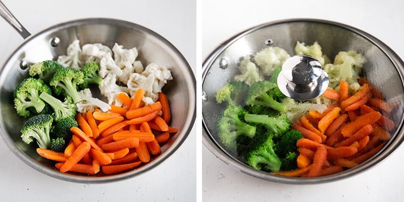 Steamed vegetables cooking in skillet.