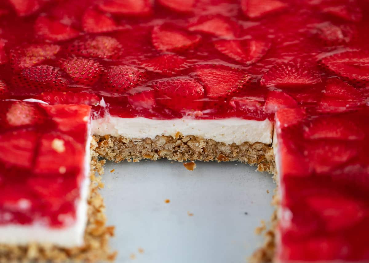 Strawberry pretzel salad in pan.