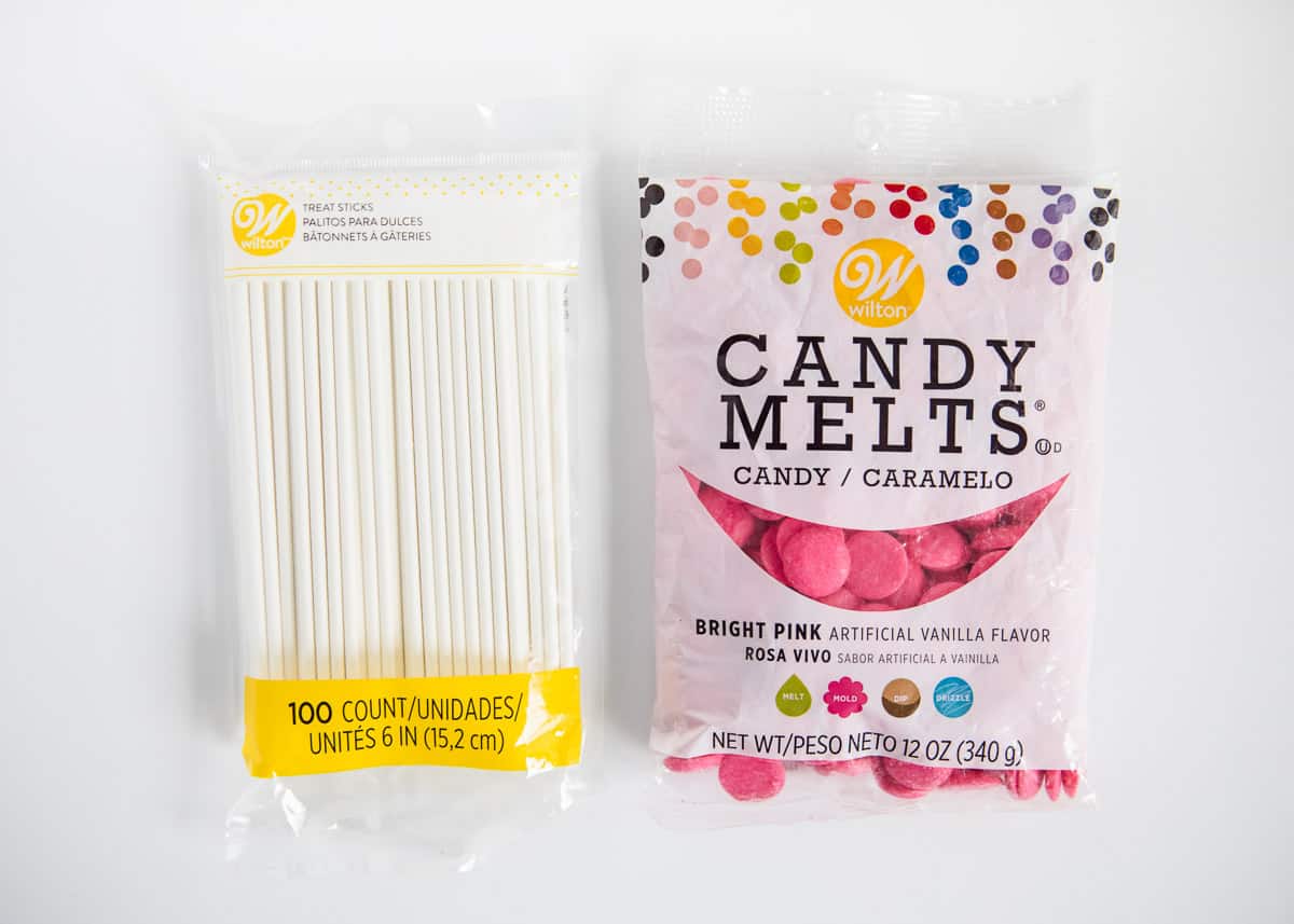 Candy melts and cake pop sticks.