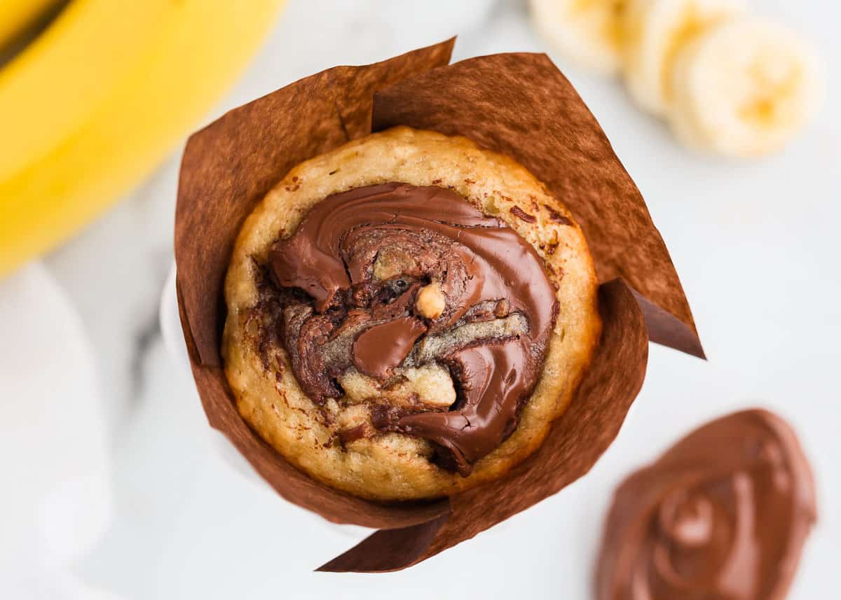 Banana bread muffin with Nutella swirl.