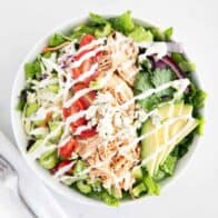 buffalo chicken salad in white bowl