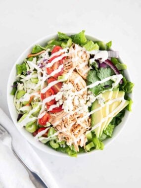 buffalo chicken salad in white bowl