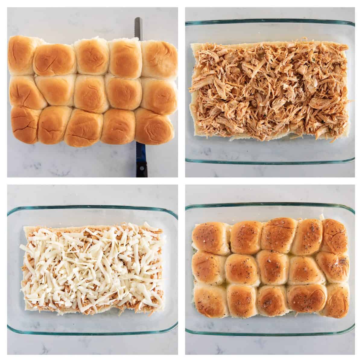 Collage showing how to assemble buffalo chicken sliders.