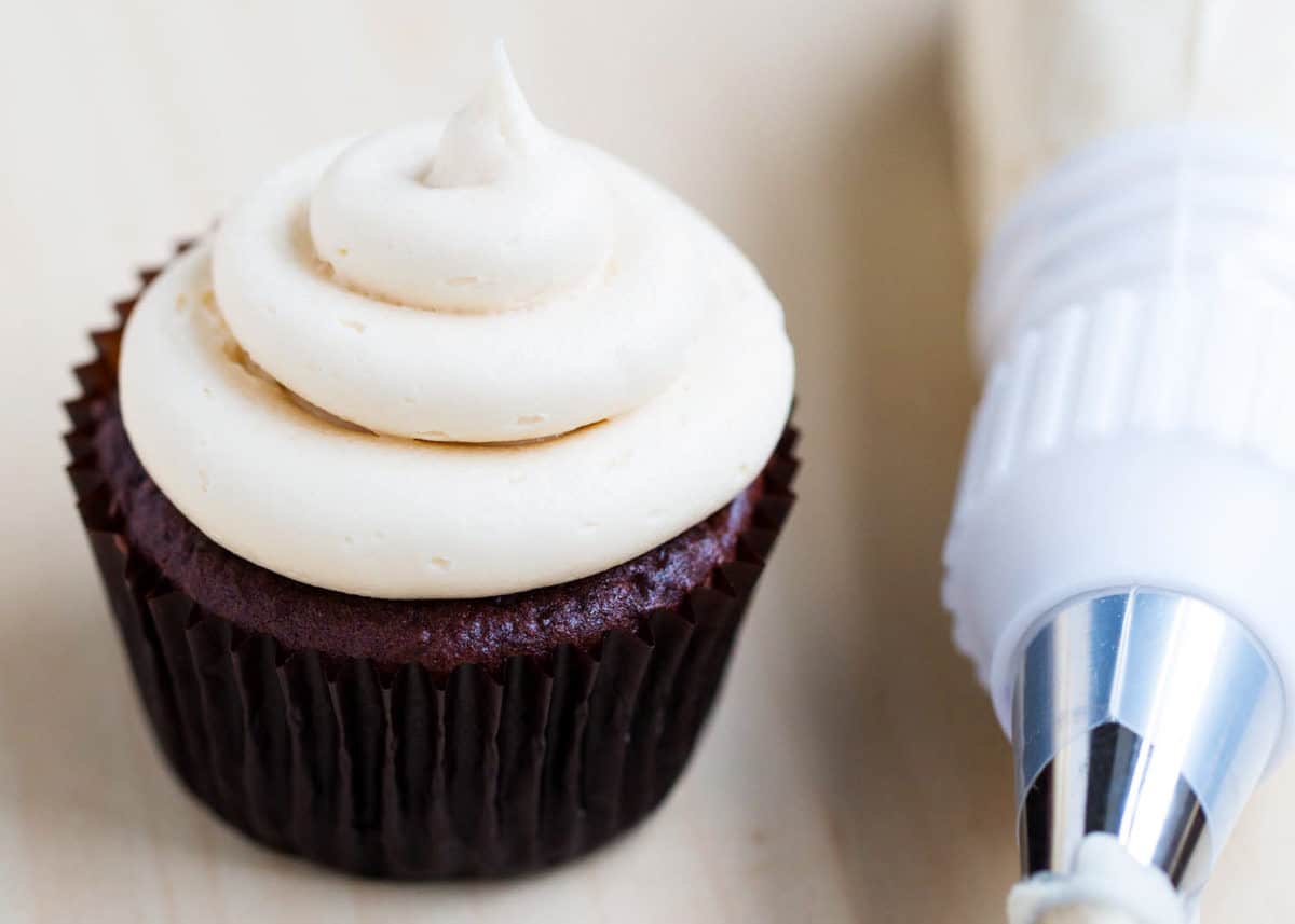 Chocolate cupcake with caramel frosting.