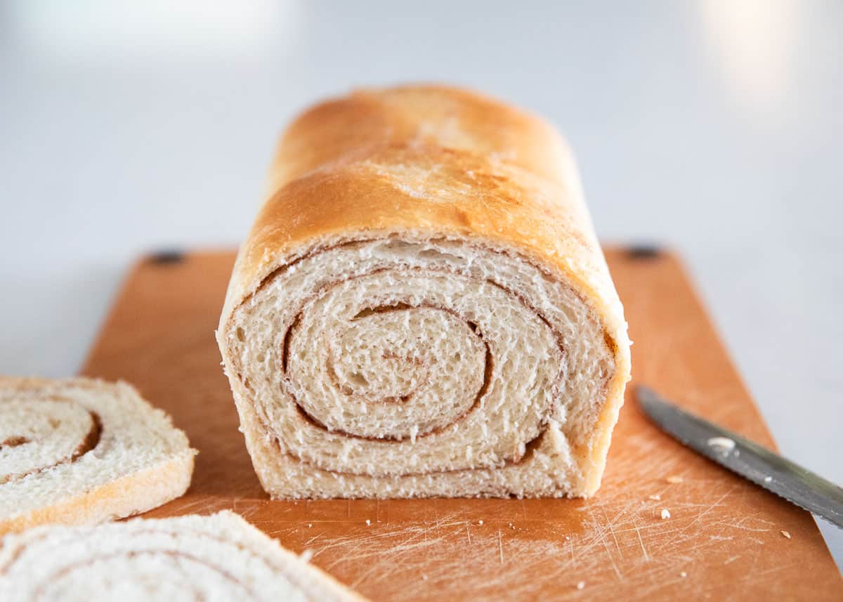 Cinnamon swirl bread on cutting board.