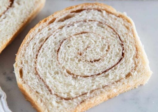 cinnamon swirl bread slice on table